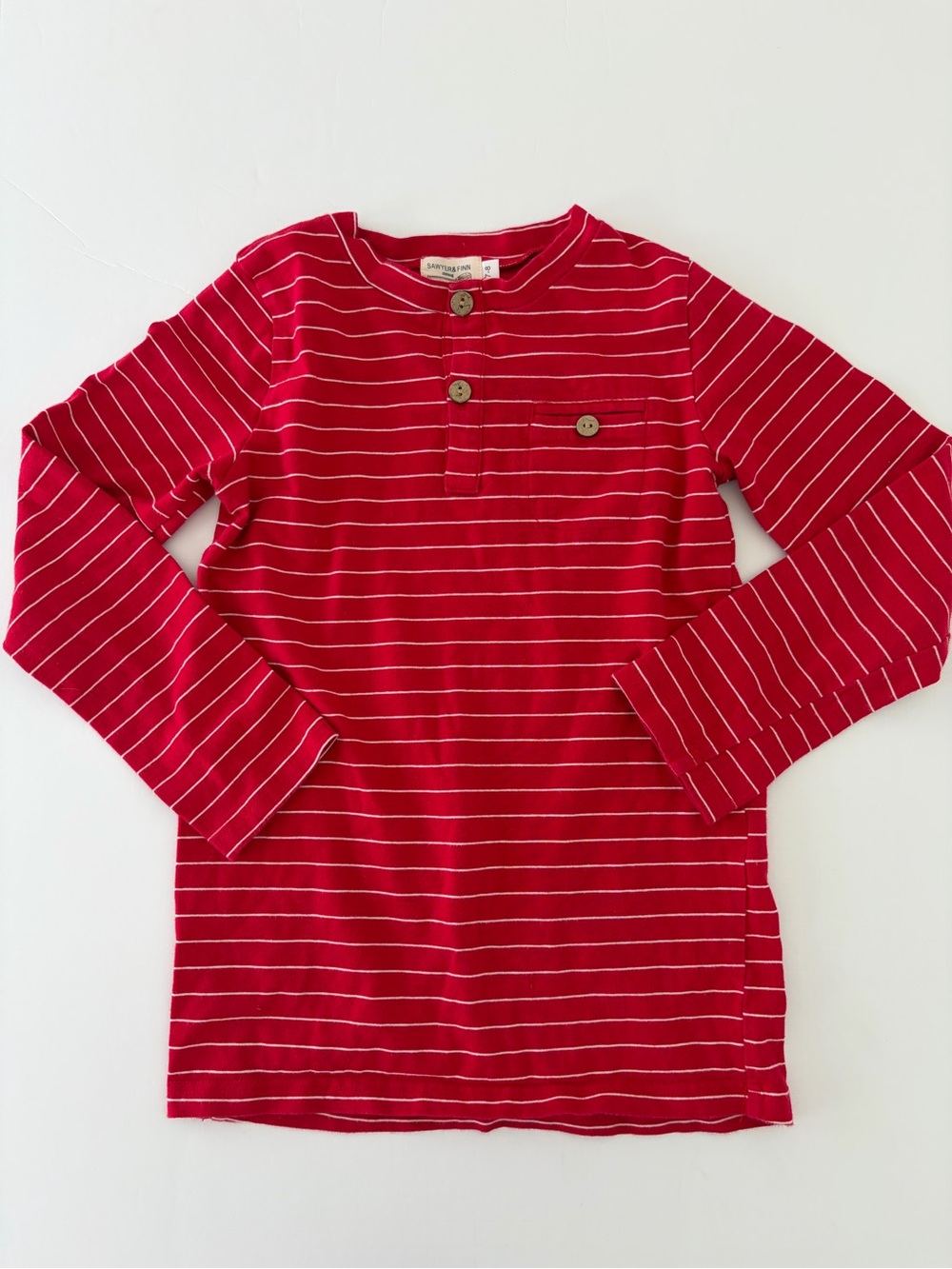 Sawyer & Finn Boys Red Long Sleeve Striped Henley Shirt Size 7/8Y Pocket Tee
